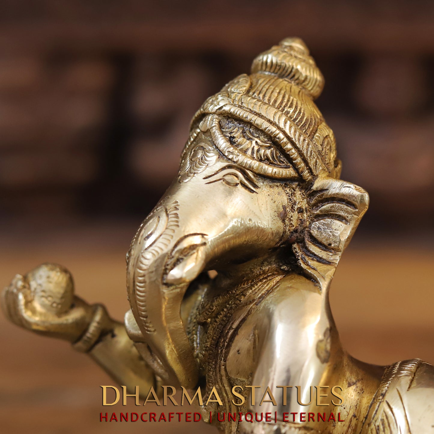 Brass Ganesh with Modak in Hands, Golden Finish, 6"