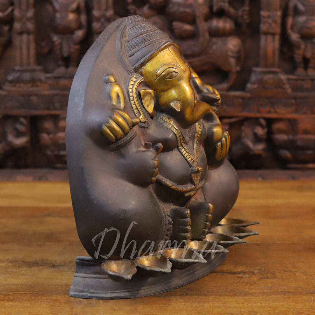 Brass Ganesh Diya, Bronze and Golden Finish 13" side view