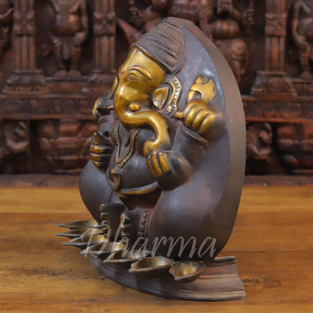 Brass Ganesh Diya, Bronze and Golden Finish 13" side view