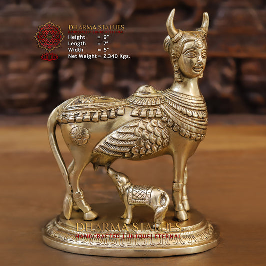 Brass Nandini Cow & Calf, Golden Finish, 9"