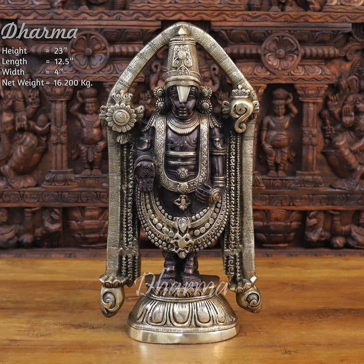 Brass Tirupati Balaji Idol, Black patina and Fine Golden Finish 23" Front View