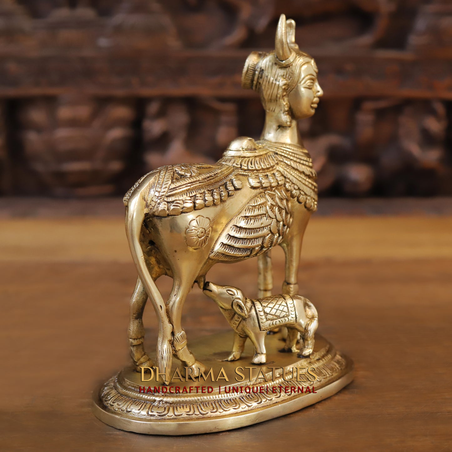 Brass Nandini Cow & Calf, Golden Finish, 9"