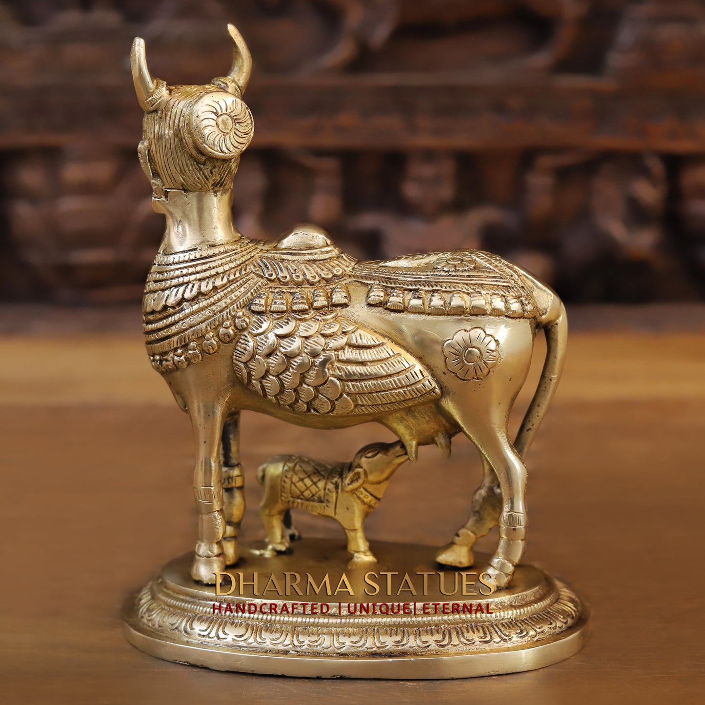 Brass Nandini Cow & Calf, Golden Finish, 9"