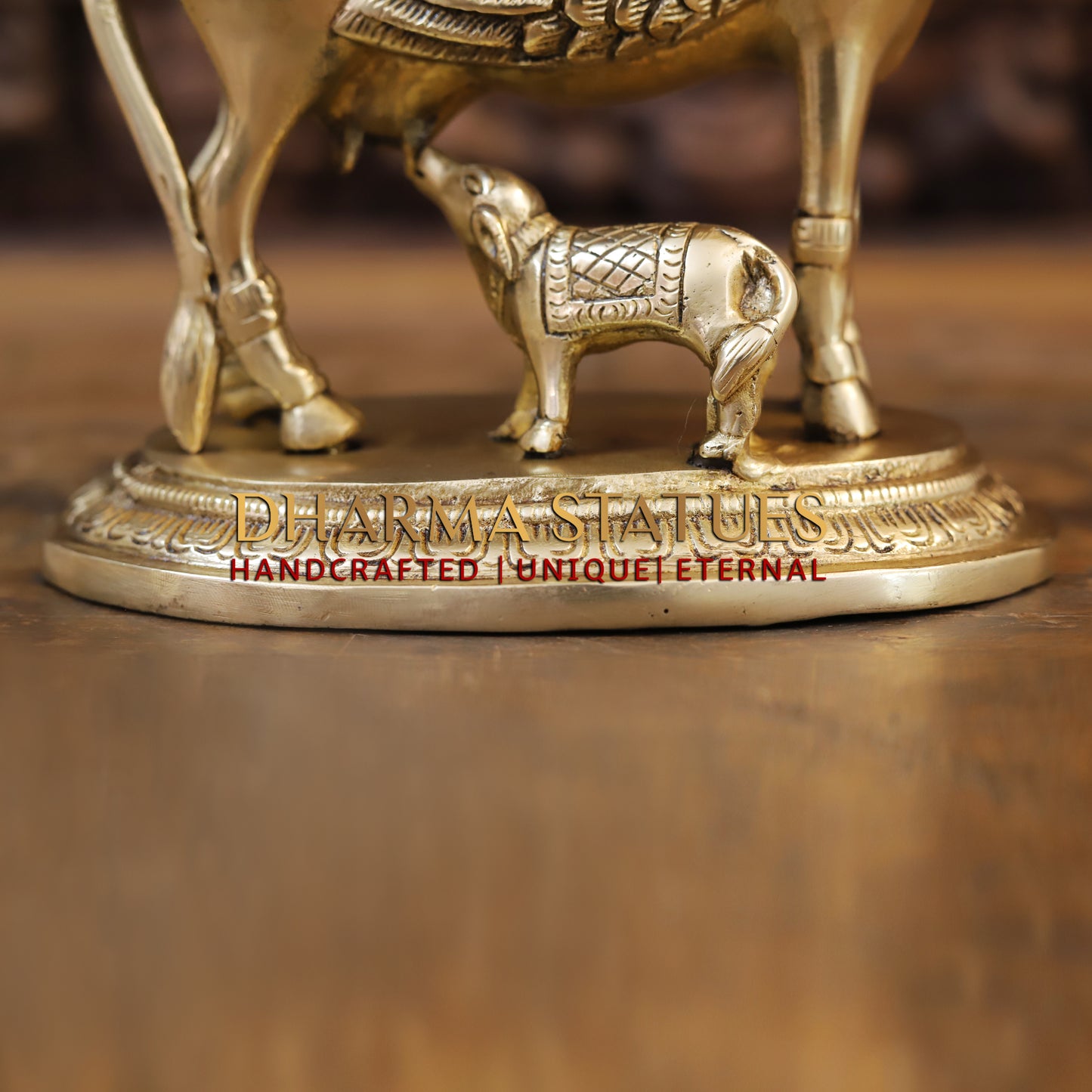 Brass Nandini Cow & Calf, Golden Finish, 9"