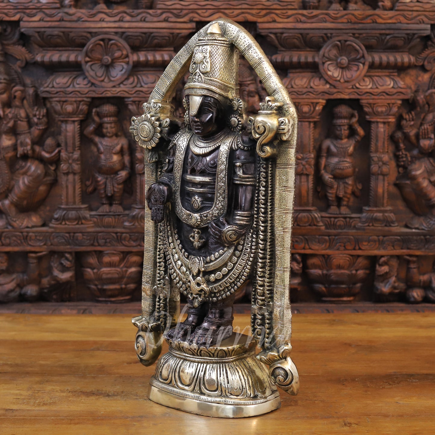 Brass Tirupati Balaji Idol, Black patina and Fine Golden Finish 23" side view