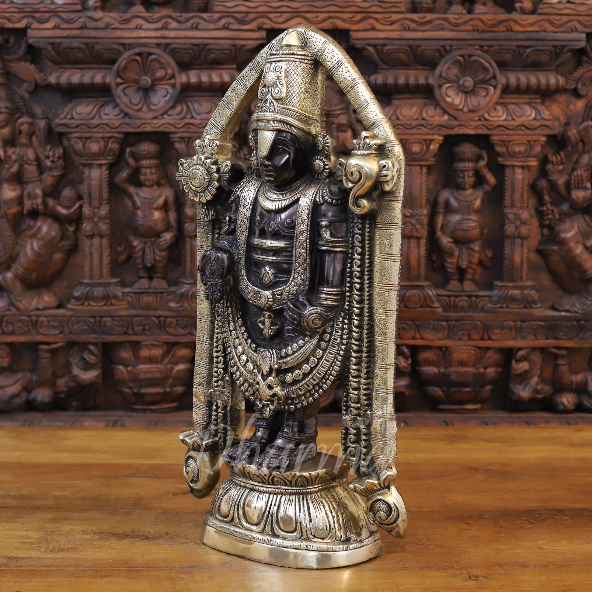 Brass Tirupati Balaji Idol, Black patina and Fine Golden Finish 23" side view