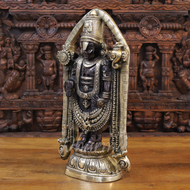 Brass Tirupati Balaji Idol, Black patina and Fine Golden Finish 23" side view