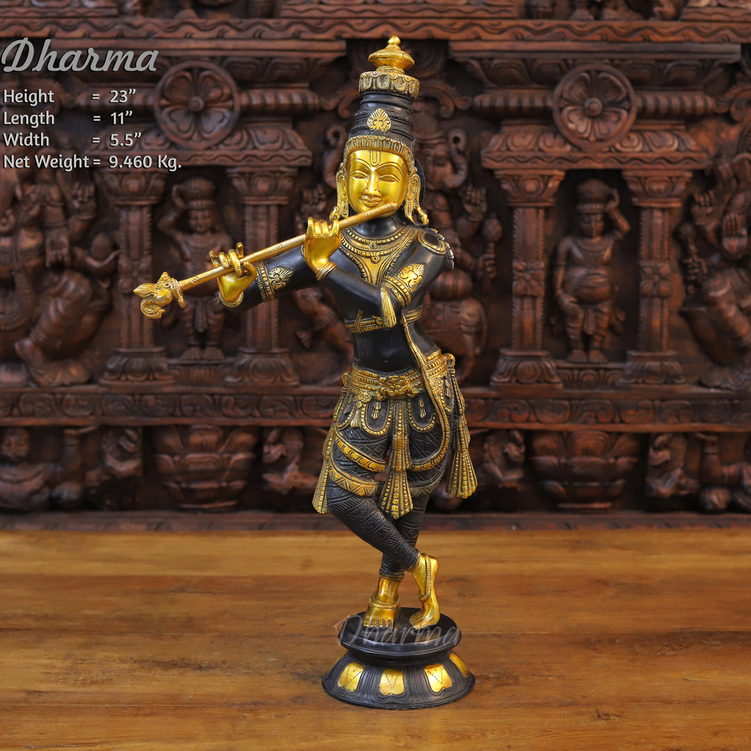 Brass Krishna Idol, Playing Divine Flute, Black patina and Golden Finish 23" Front View