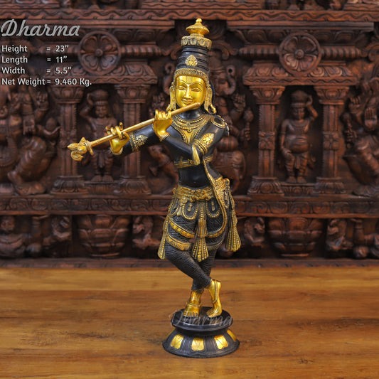 Brass Krishna Idol, Playing Divine Flute, Black patina and Golden Finish 23" Front View