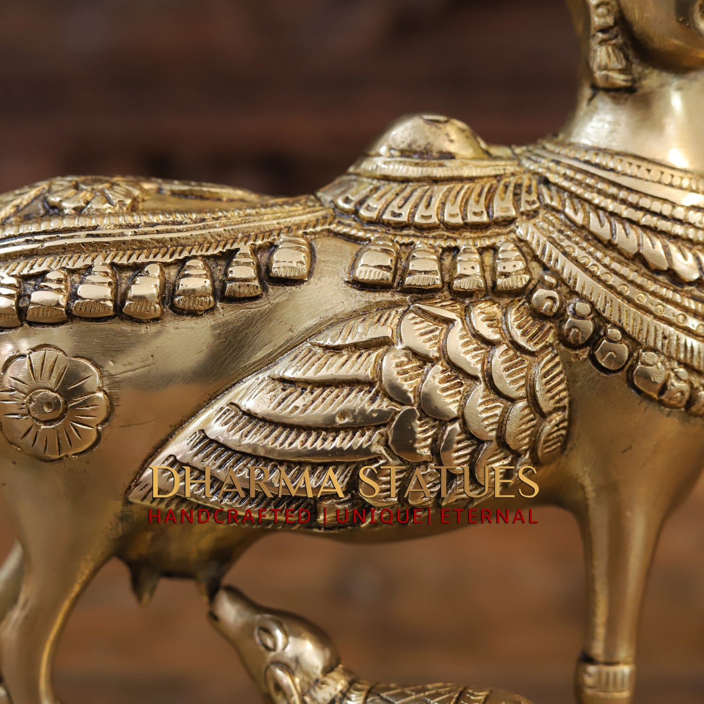 Brass Nandini Cow & Calf, Golden Finish, 9"