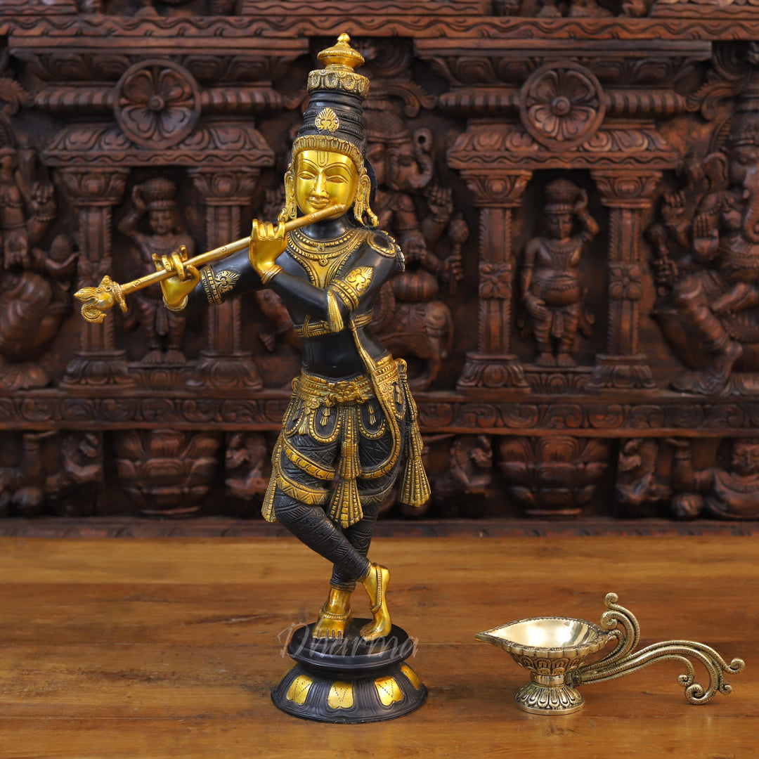 Brass Krishna Idol, Playing Divine Flute, Black patina and Golden Finish, 23"