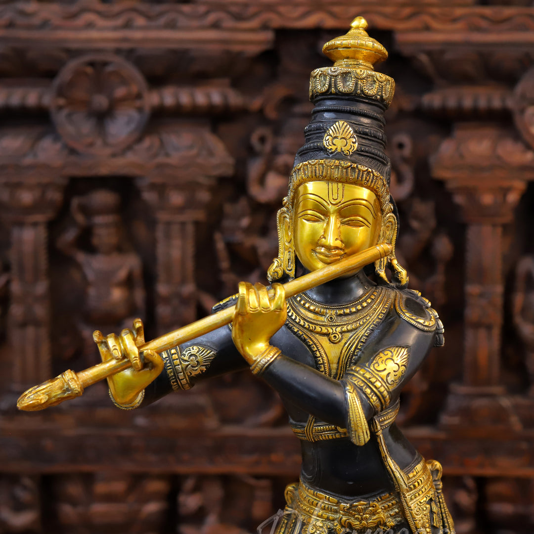 Brass Krishna Idol, Playing Divine Flute, Black patina and Golden Finish, 23"