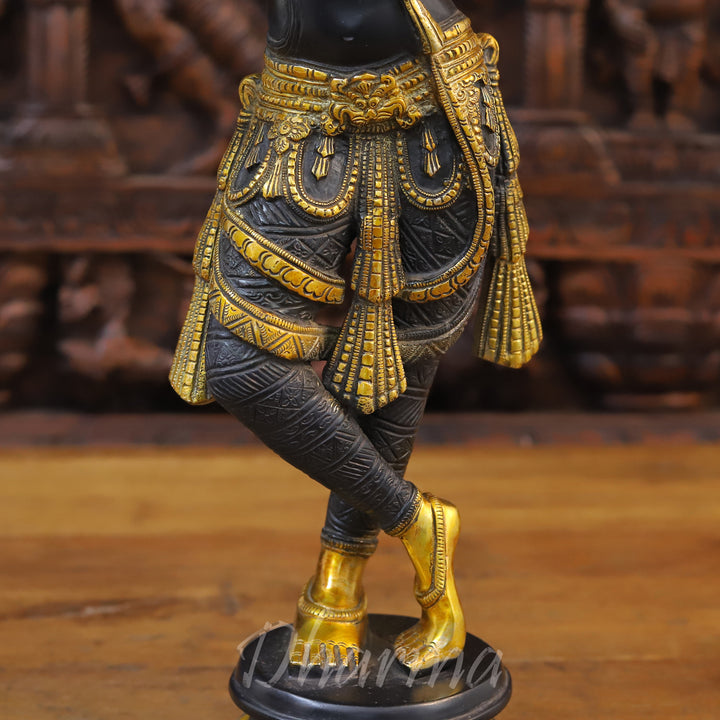 Brass Krishna Idol, Playing Divine Flute, Black patina and Golden Finish, 23"