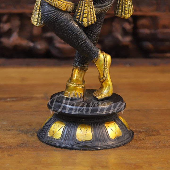 Brass Krishna Idol, Playing Divine Flute, Black patina and Golden Finish, 23"