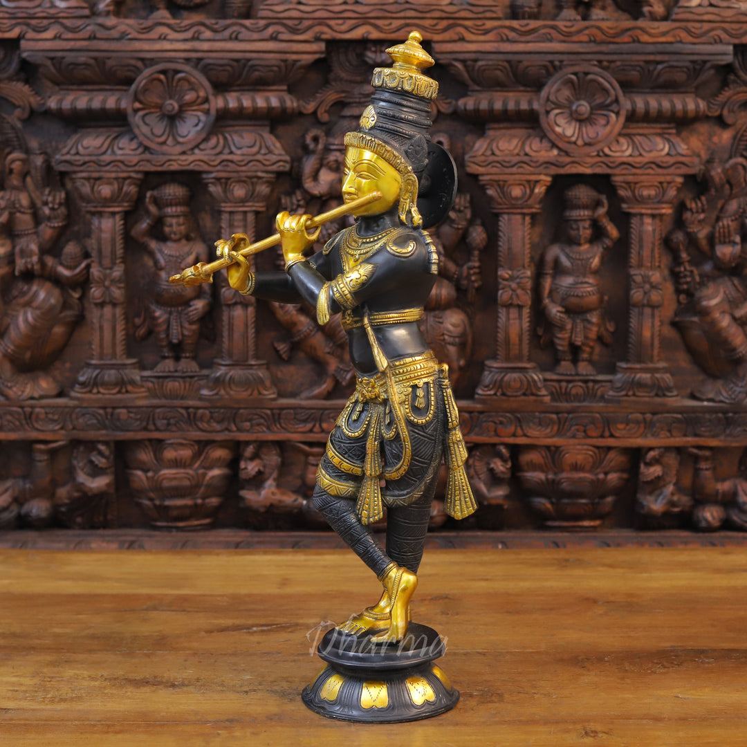 Brass Krishna Idol, Playing Divine Flute, Black patina and Golden Finish 23" side view