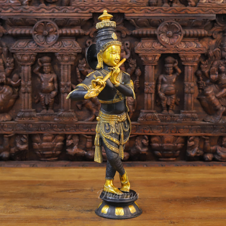 Brass Krishna Idol, Playing Divine Flute, Black patina and Golden Finish 23" side view