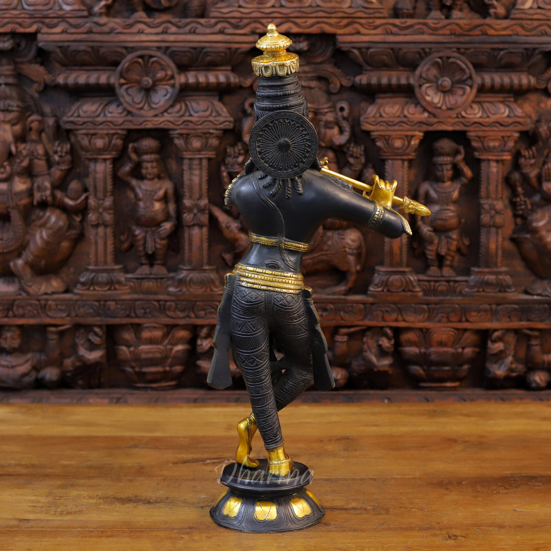 Brass Krishna Idol, Playing Divine Flute, Black patina and Golden Finish 23" back view