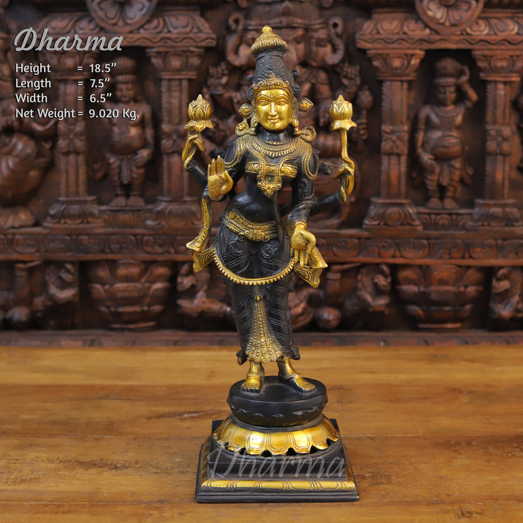 Brass Lakshmi Statue, Standing, Fine Black Patina and Golden Finish 18.5" Front View