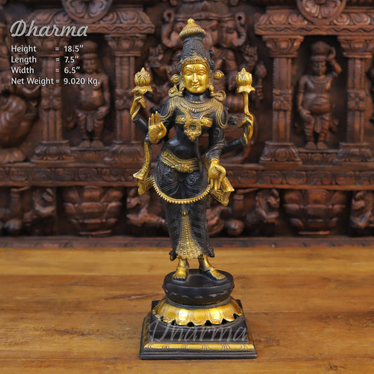 Brass Lakshmi Statue, Standing, Fine Black Patina and Golden Finish 18.5" Front View