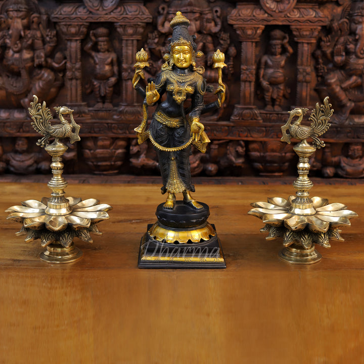 Brass Lakshmi Statue, Standing, Fine Black Patina and Golden Finish 18.5"