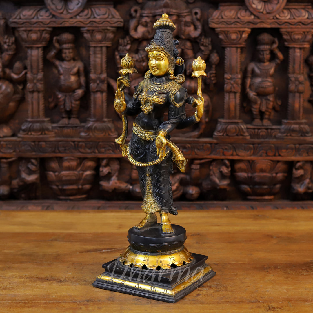 Brass Lakshmi Statue, Standing, Fine Black Patina and Golden Finish 18.5" side view