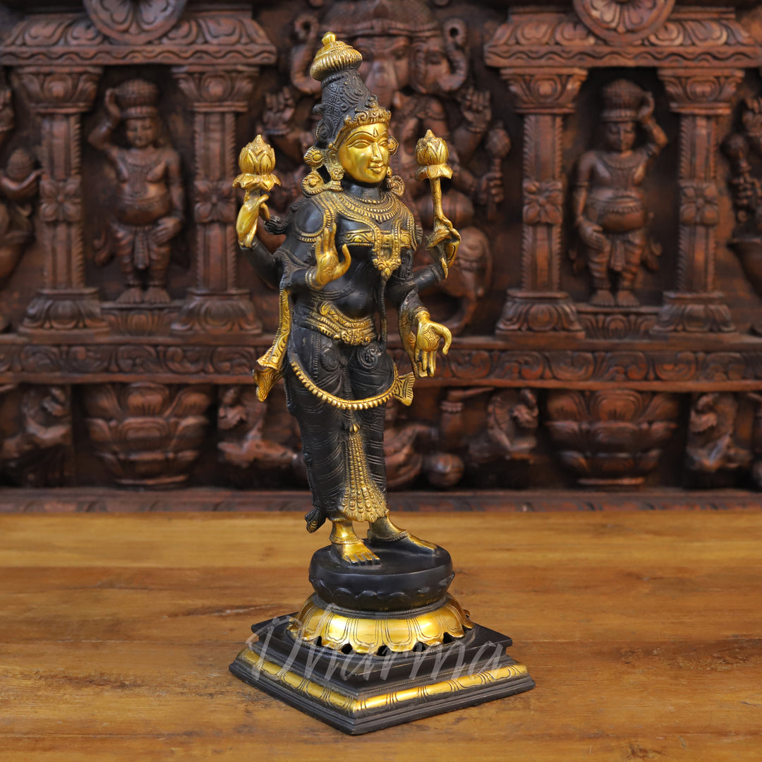 Brass Lakshmi Statue, Standing, Fine Black Patina and Golden Finish 18.5" side view