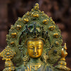 Brass Tara Statue, Seated on a Pedestal, Green Patina and Golden Finish 11.5"