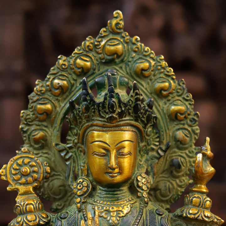 Brass Tara Statue, Seated on a Pedestal, Green Patina and Golden Finish 11.5"