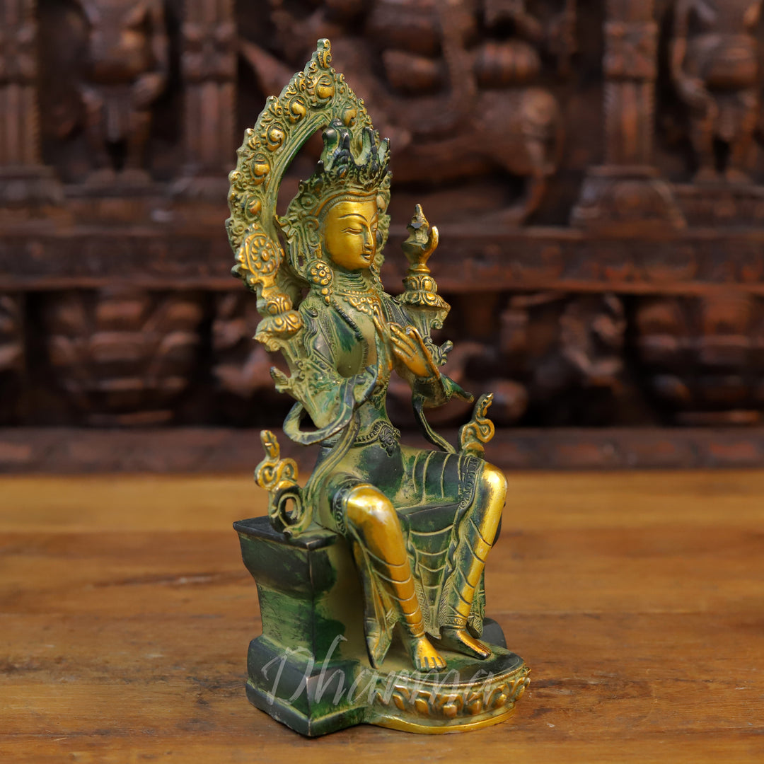 Brass Tara Statue, Seated on a Pedestal, Green Patina and Golden Finish 11.5" side view