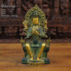 Brass Tara Statue, Seated on a Pedestal, Green Patina and Golden Finish 11.5" front view