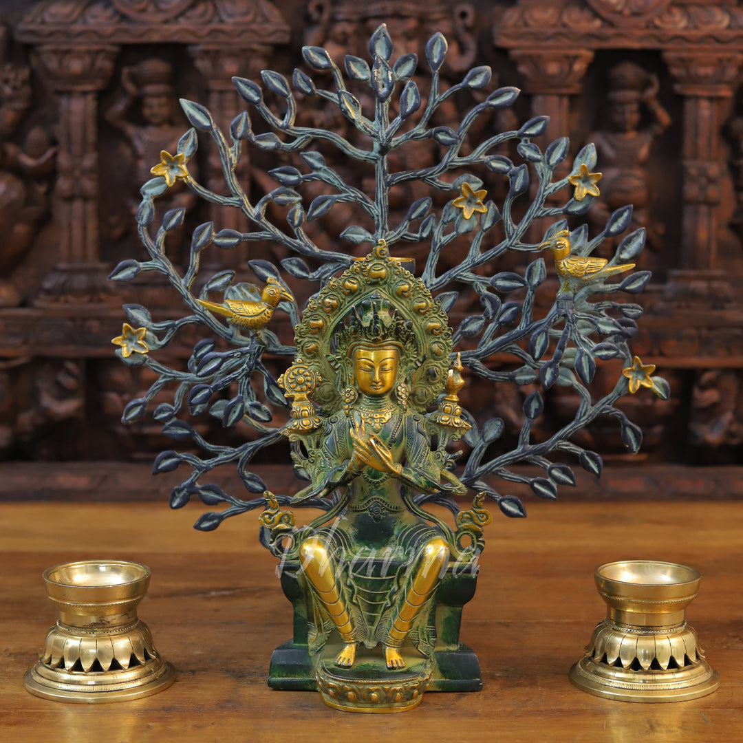 Brass Tara Statue, Seated on a Pedestal, Green Patina and Golden Finish 11.5"