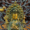 Brass Tara Statue, Seated on a Pedestal, Green Patina and Golden Finish 11.5"