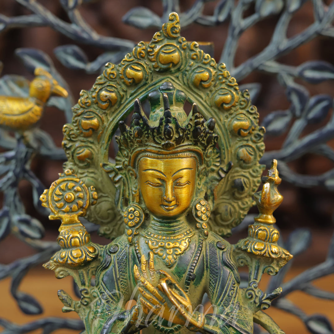 Brass Tara Statue, Seated on a Pedestal, Green Patina and Golden Finish 11.5"