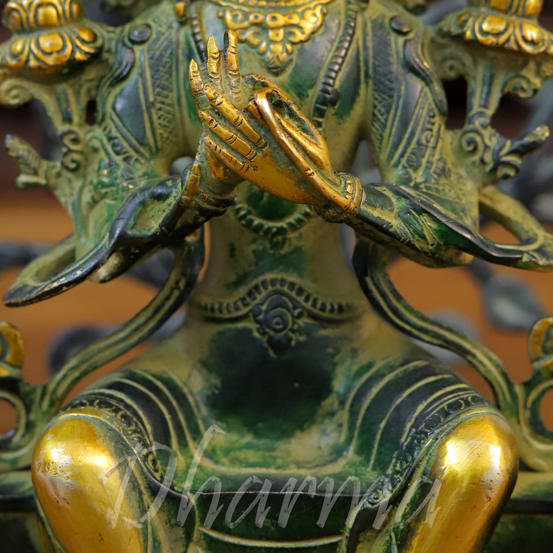 Brass Tara Statue, Seated on a Pedestal, Green Patina and Golden Finish 11.5"