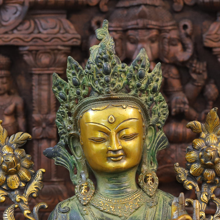 Brass Tara Idol, Tara Devi Seated, Green patina and Golden Finish 19"