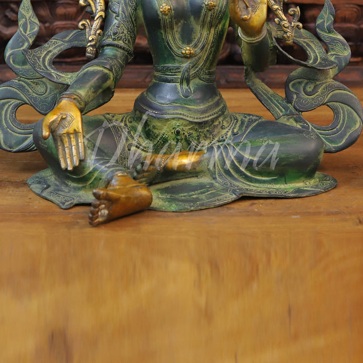 Brass Tara Idol, Tara Devi Seated, Green patina and Golden Finish 19"