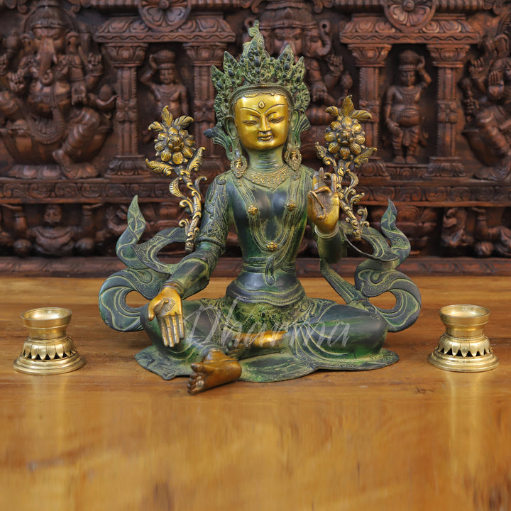 Brass Tara Idol, Tara Devi Seated, Green patina and Golden Finish 19"