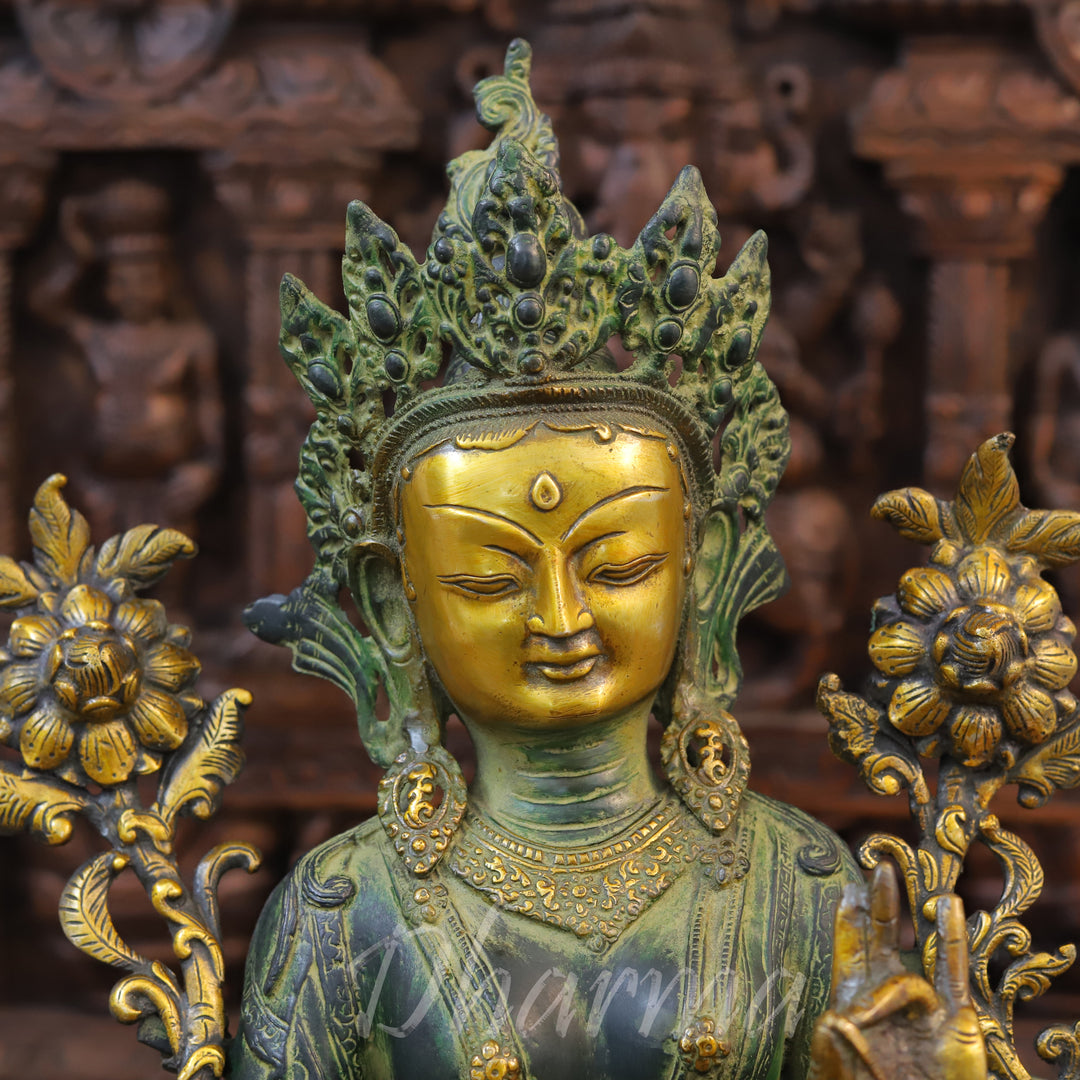 Brass Tara Idol, Tara Devi Seated, Green patina and Golden Finish 19"