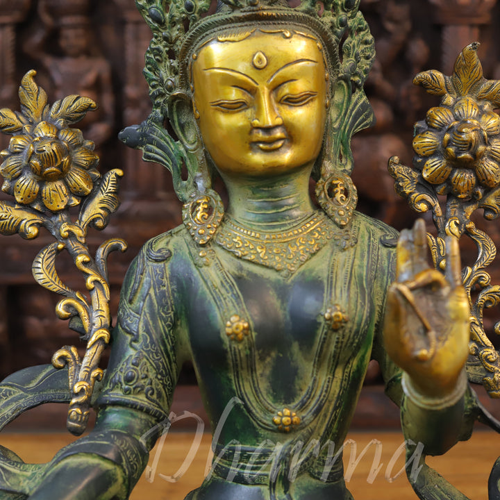 Brass Tara Idol, Tara Devi Seated, Green patina and Golden Finish 19"