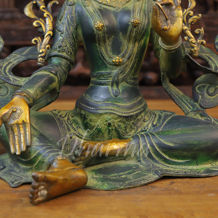 Brass Tara Idol, Tara Devi Seated, Green patina and Golden Finish 19"