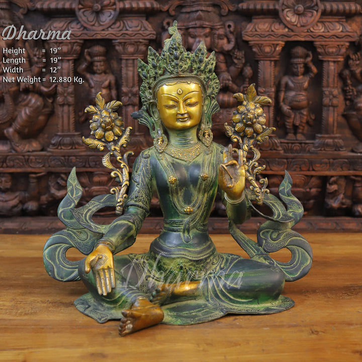 Brass Tara Idol, Tara Devi Seated, Green patina and Golden Finish 19" front view