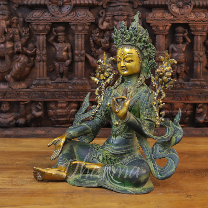 Brass Tara Idol, Tara Devi Seated, Green patina and Golden Finish 19" side view