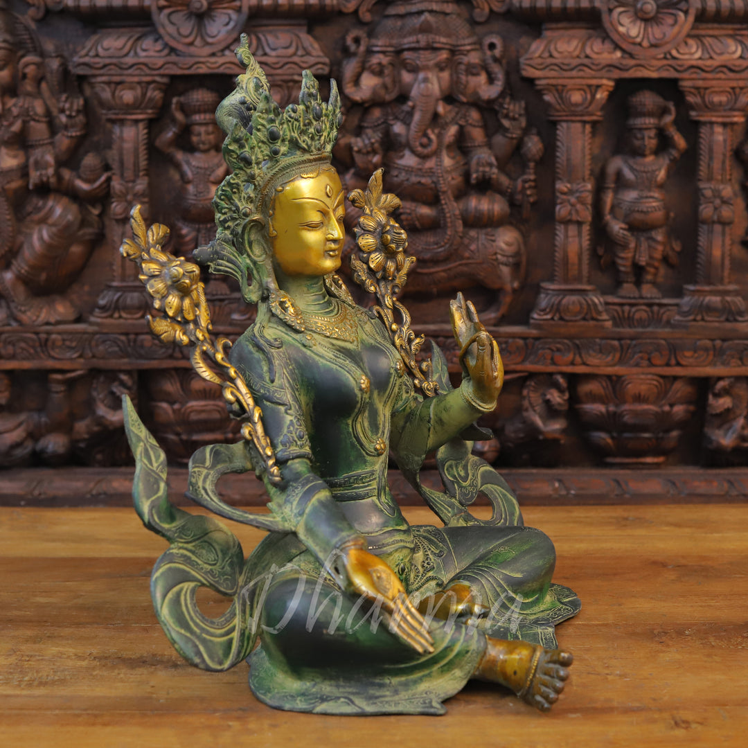 Brass Tara Idol, Tara Devi Seated, Green patina and Golden Finish 19" side view