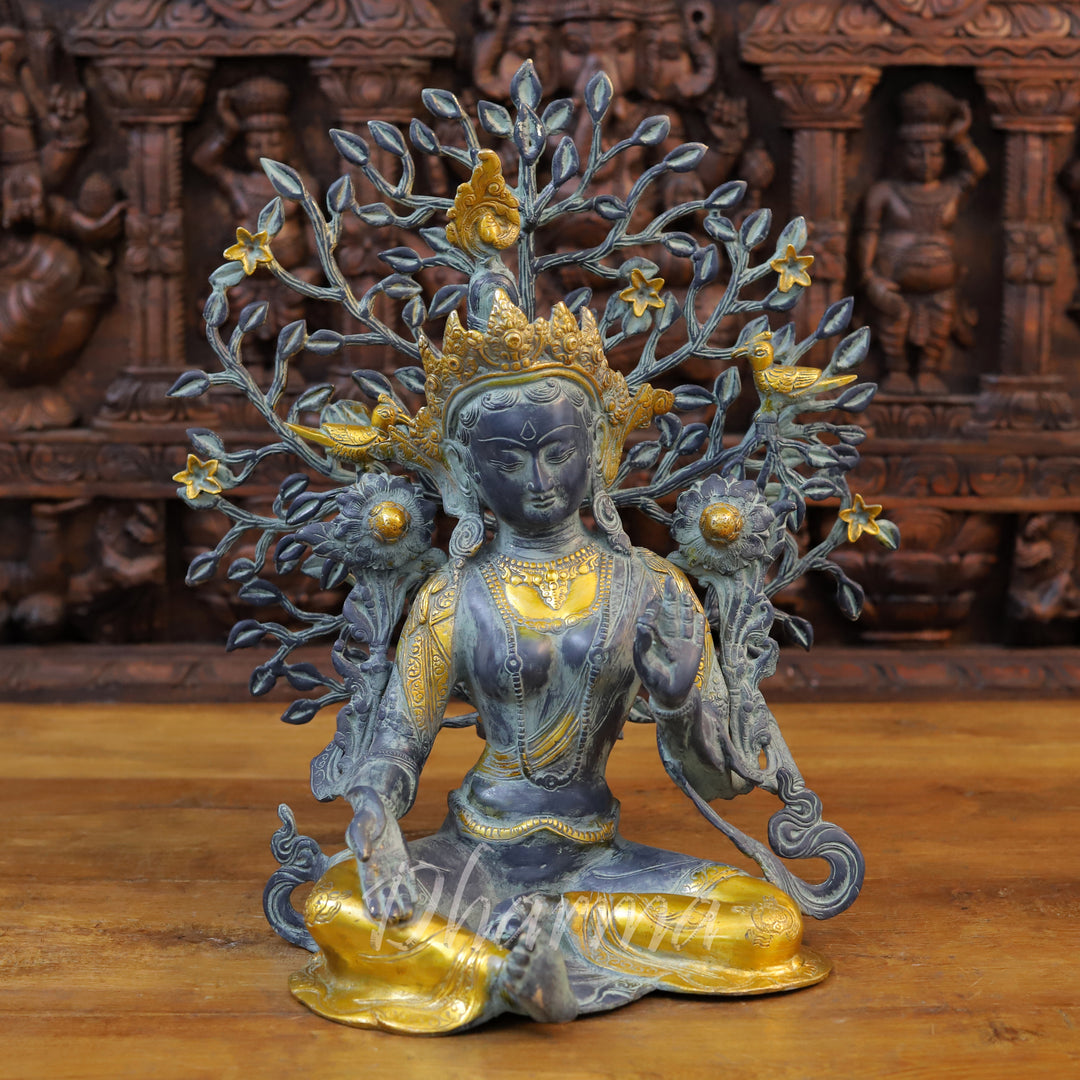 Brass Tara Idol, Seated Under a Tree, Black patina and Golden Finish 15.5"