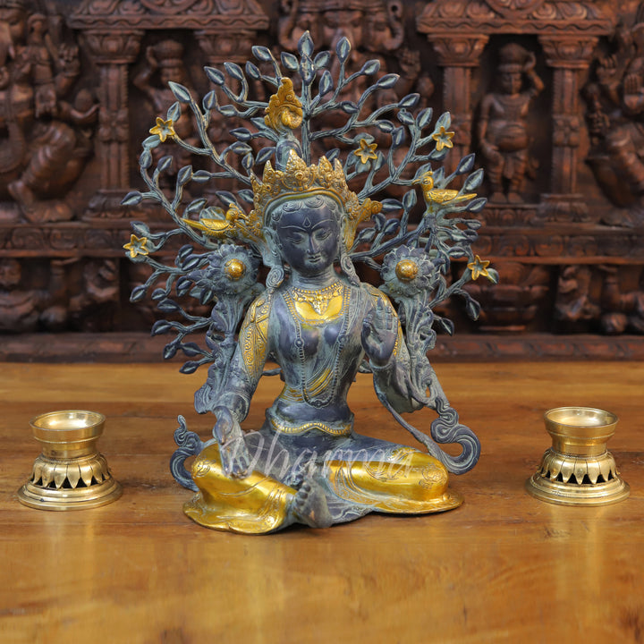 Brass Tara Idol, Seated Under a Tree, Black patina and Golden Finish 15.5"