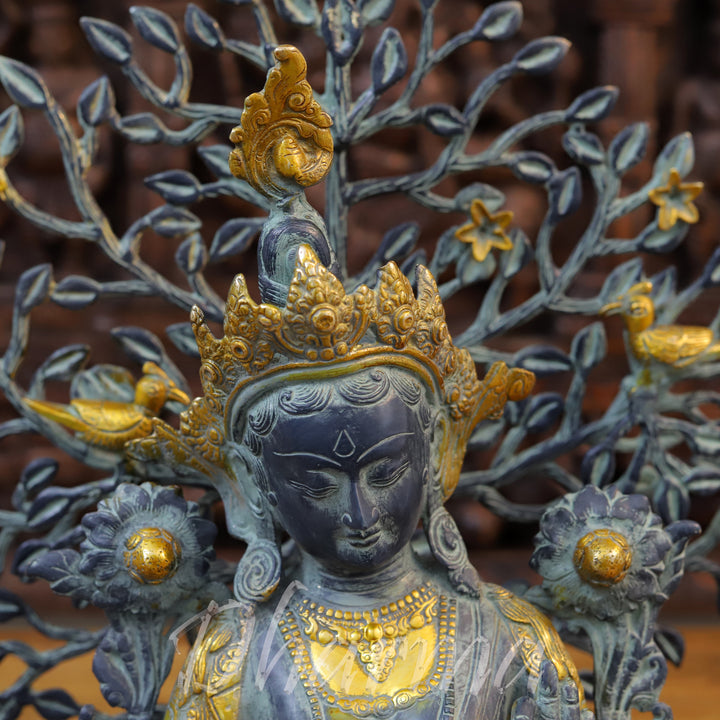 Brass Tara Idol, Seated Under a Tree, Black patina and Golden Finish 15.5"