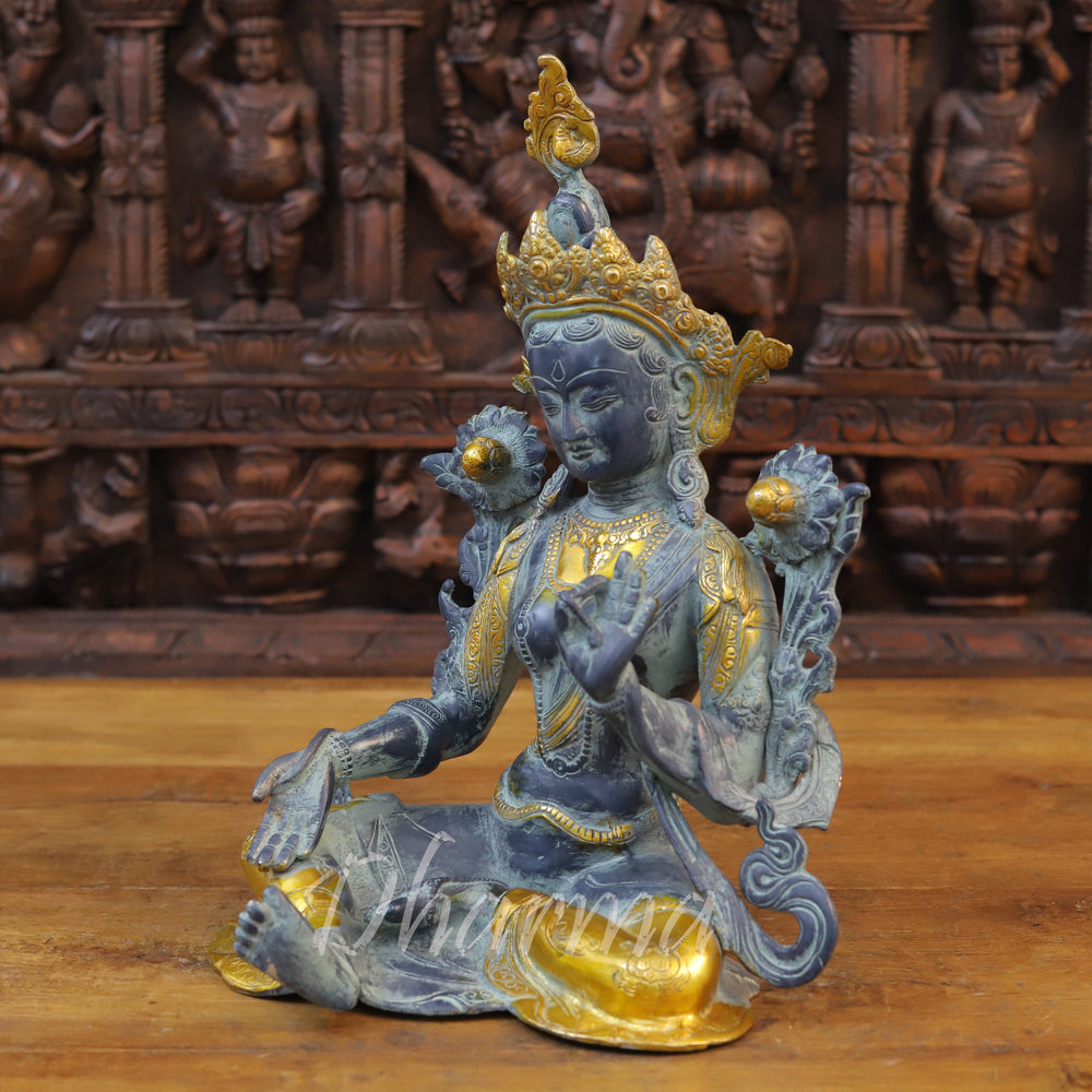 Brass Tara Idol, Seated Under a Tree, Black patina and Golden Finish 15.5" side view