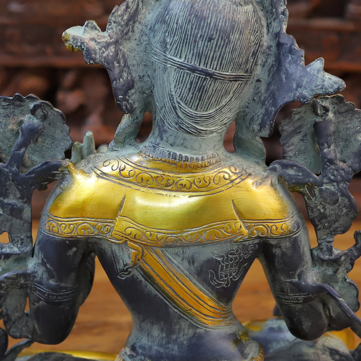 Brass Tara Idol, Seated Under a Tree, Black patina and Golden Finish 15.5"