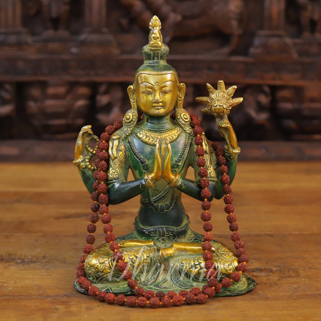 Brass Tara Statue, Seated, Green patina and Golden Finish 10.5"