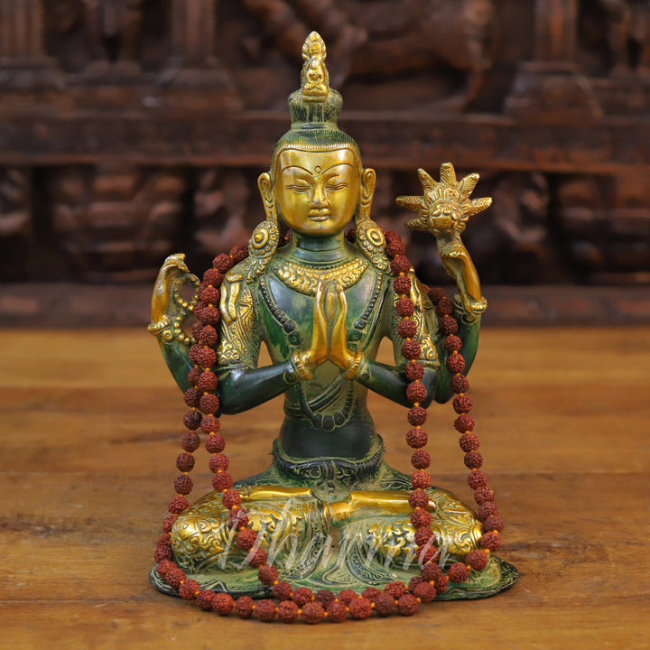 Brass Tara Statue in Dhyanasana, Green Patina with Golden Finish 10.5"